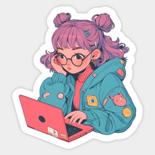 Cartoon girl with laptop Sticker